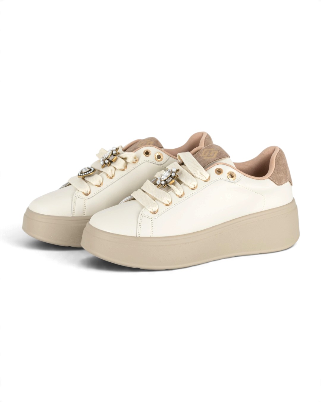 Sneakers platform Gold&gold similpelle avorio con dettagli gioiello